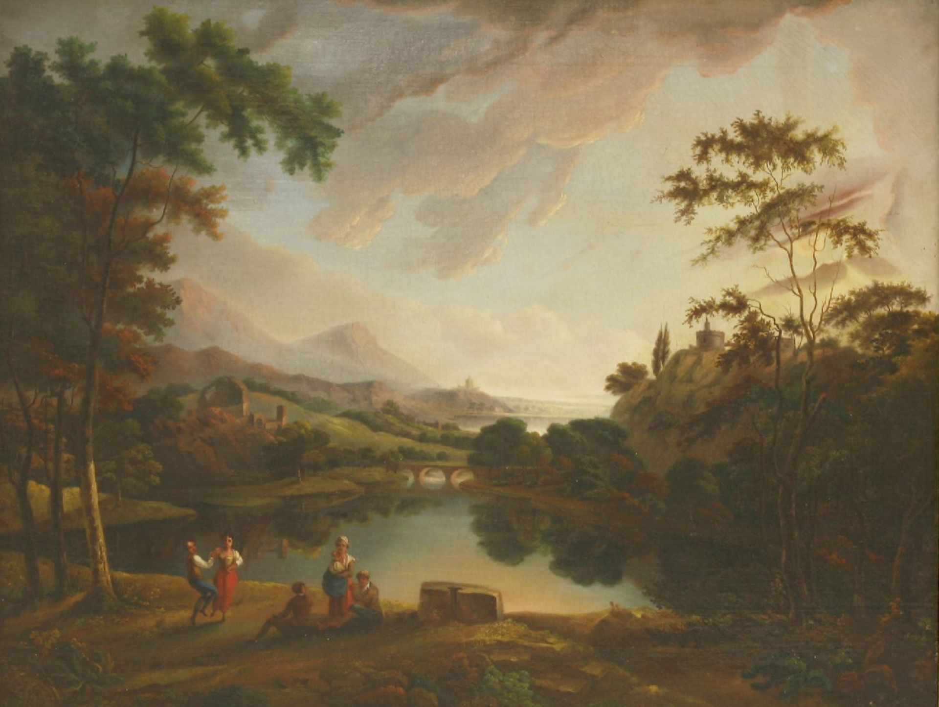 William Burton (19th century)AN ARCADIAN LANDSCAPE WITH FIGURES DANCING BY A LAKE IN THE - Image 2 of 3