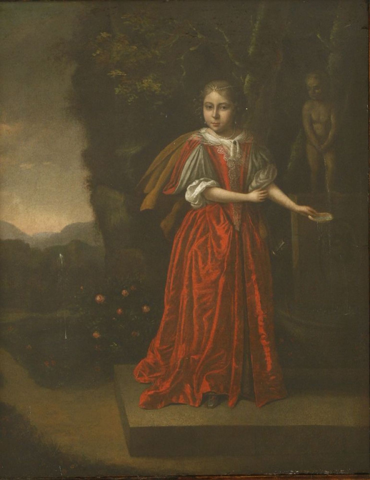 Dutch School, late 17th centuryPORTRAIT OF A YOUNG LADY AS DIANA, FULL LENGTH, IN A RED DRESS