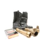 A heavy brass fire hose, together with a 'Y' branch divider, a pair of fireman's boots and 'A