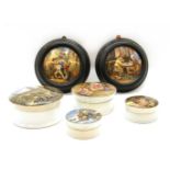 A collection of seventeen 19th century Prattware pot lids, to include `Both Like', `A Letter from