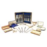 A collection of silver and silver plate to include a cased set of Walker & Hall mother of pearl