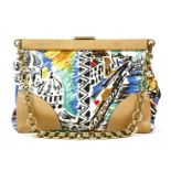 A Prada framed shoulder bag, with painted Venetian gondola scenes to a white canvas, smooth tan