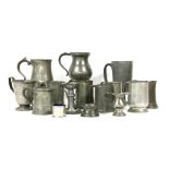 A collection of pewter tankards, a candlestick, inkwell and jug (15), tallest 16.5cm highProvenance: