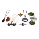 A collection of jewellery to include a silver bohemian garnet brooch, a single row of cultured