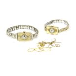 A ladies 18ct gold mechanical watch, on a later rolled gold expanding bracelet, 29.50g, and two gold