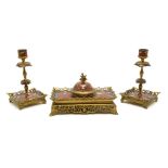 A Victorian cloisonné desk set, with an inkwell and a pair of candlesticks