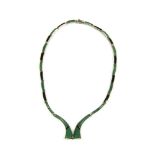 A silver stylistic aventurine and onyx panelled necklace, with hinged sections