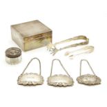 A quantity of silver items, to include a cigarette box, tongs, rum, brandy and port decanter labels,