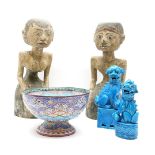 A pair if Indian carved and painted kneeling figures, an enamelled bowl and two turquoise kylins