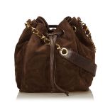 A Chanel suede leather drawstring handbag, featuring a suede leather body, gold-tone chains strap,