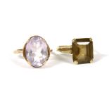 A gold single stone emerald cut smokey quartz ring, marked 9ct , 4.23g, size L½, and a gold single