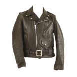 A 'Perfecto' black leather biker jacket by Schott, silver-toned zip with multiple zip pockets,