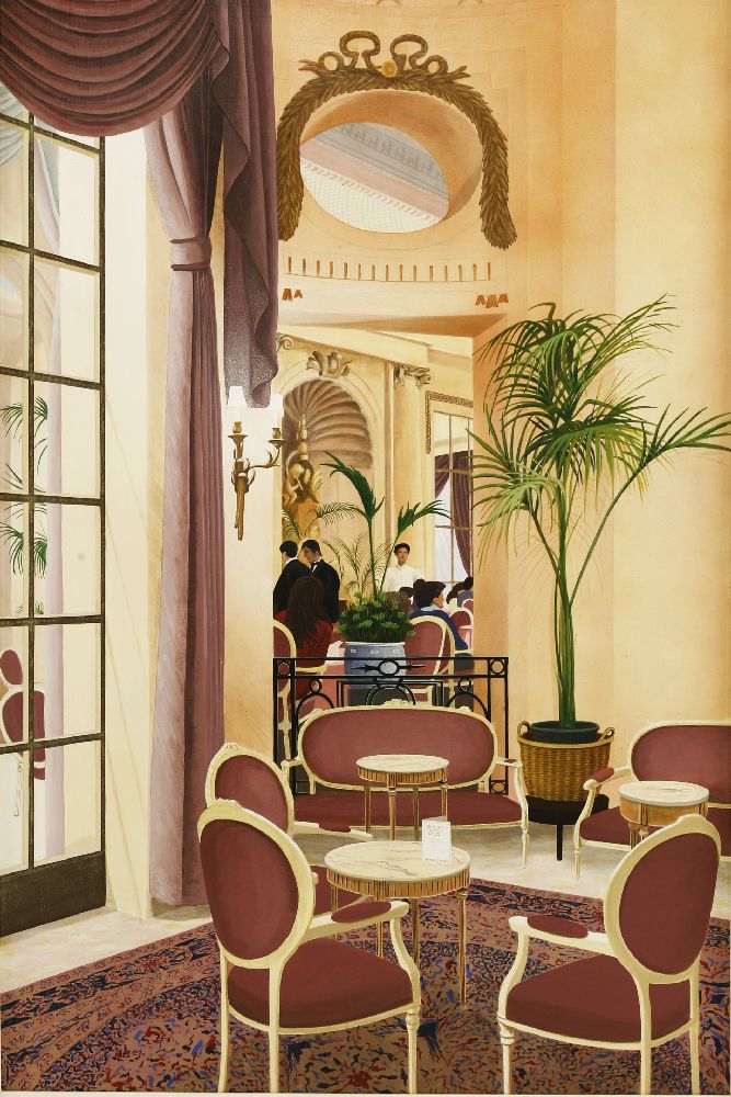 *Graham Bannister (b.1954)'TEA AT THE RITZ'Signed and inscribed with title on a menu l.c., oil on