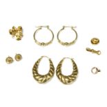 A collection of gold items, to include three pairs of 9ct gold earrings, a 9ct gold stud earring,