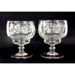A pair of early 19th century large glass rummers, engraved with initials, hops, vines and wheat,