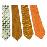 Four Hermès silk ties, to include an orange silk ground tie with a printed red animal design, a