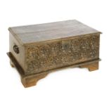 A small oak coffer/bible box, 18th century and later, the front carved with two rows of seven flower