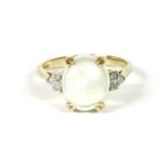A 9ct gold single stone opal ring, with diamond trefoil shoulders, and a plain polished shank,