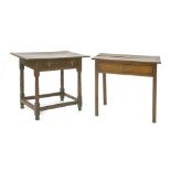A George III oak side table, with a single frieze drawer, on chamfered square legs, 73.5cm wide,