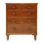 A Victorian mahogany chest of two short and three long drawers, with knob handles on turned feet,