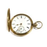 A 9ct gold full hunter pocket watch, white enamel dial, with Roman numerals and subsidiary seconds