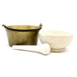 A large ceramic pestle and mortar, the pestle marked 'HALDENWANGER BERLIN', and a brass jam pan