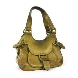 A Mulberry green pebble leather handbag, with front pocket and buckle and sectioned interior