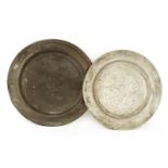 Two pewter chargers, 18th century, 45.5 and 42cm diameterProvenance: The Collection of Mr and Mrs