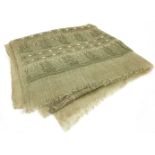 A woven raffia throw/shawl, with embroidered decoration throughout