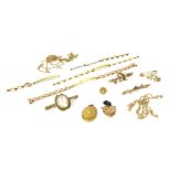 A collection of jewellery and costume jewellery, to include two 9ct gold bar brooches, a 9ct gold