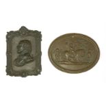 A Regency bronze relief cast plaque, c. 1830, of oval form, depicting a lion with three putti