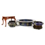 A Chinese cloisonne censer, a jar, a basin and a woodstand