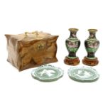 Various china, metal and wooden items, including a pair of Wade 'bells' Scotch whisky bottles, a