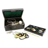 A box of costume jewellery, to include a silver onyx signet ring, other silver rings, a silver