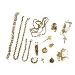 A collection of gold and rolled gold items, to include a 9ct gold cross on chain, a belcher chain,