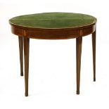 A Sheraton mahogany and satinwood fold over card table, of demi-lune form, 91cm wide, 45.5cm deep,