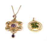 An Edwardian gold peridot shamrock pendant, stamped 15ct, together with an Edwardian gold amethyst