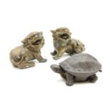 A pair of Chinese Buddhist lions and a Japanese turtle