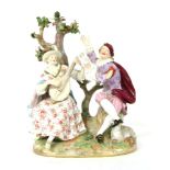A mid 19th century Meissen porcelain figure group, of a young lady playing a lute and a young man