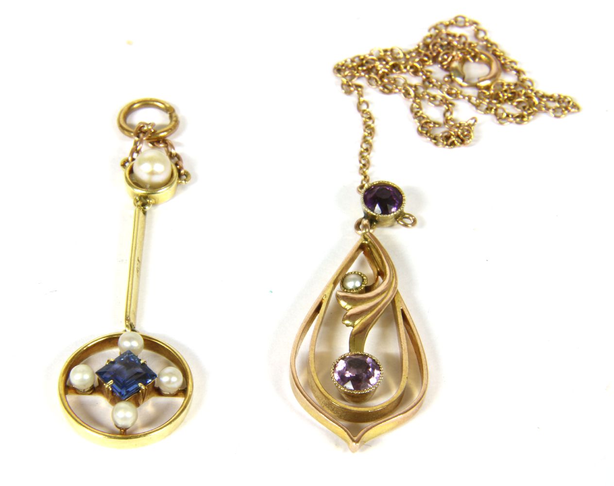 A gold blue paste and split pearl circular drop pendant, marked 15ct, 2.02g, a gold amethyst pendant