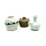 A Chinese blue and white jar, painted with landscape, a jar and a qingbai kendi, marked Fugui