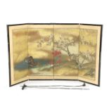 A Japanese four fold screen, late 19th to early 20th century, depicting ducks in a pond, width