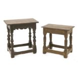 Two oak joined stools,17th century and later, both on turned supports,49cm wide,55cm high, and45cm