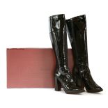 A pair of Jonathan Kelsey for Mulberry black patent leather spazzolato riding boots, with stitch