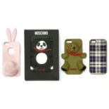 A Moschino iPhone 5 cover, black PVC with applied panda motif, a Moschino iPhone 5 cover, brown