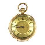 A gold ladies open faced pocket watch, marked 14k, 29.69g