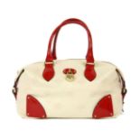 A Mulberry cream 'Tamara' tote handbag, a metallic cream woven fabric exterior, with red patent