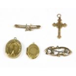 A gold cross pendant, marked 9ct, 1.31g, two front and back lockets, two Victorian 9ct gold