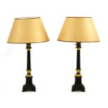 A pair of late Victorian bronze table lamps and shades with blacked square reeded columns on