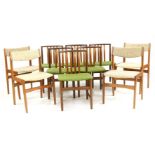 A set of six Danish teak dining chairs, with green seats and another set of four dining chairs (10)